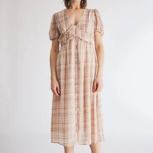 FARROW | Marissa Plaid Prairie Dress Empire Waist Midi Brown Button | Medium